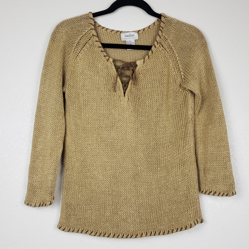 Neiman Marcus Linen Knit Leather Trim Sweater Size M
